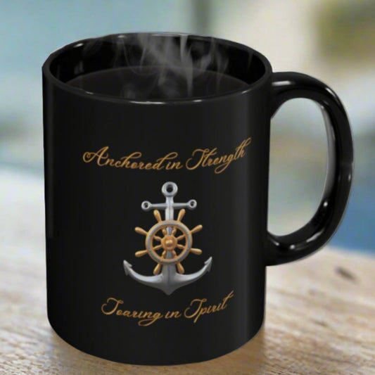 Black 10 oz. mug with an anchor with cursive text Anchored in Strength Soaring in Spirit