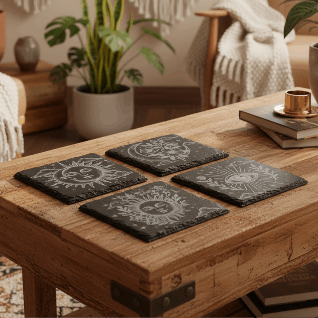 Four black slate coasters with engraved celestial designs.