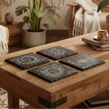 Four black slate coasters with engraved celestial designs.