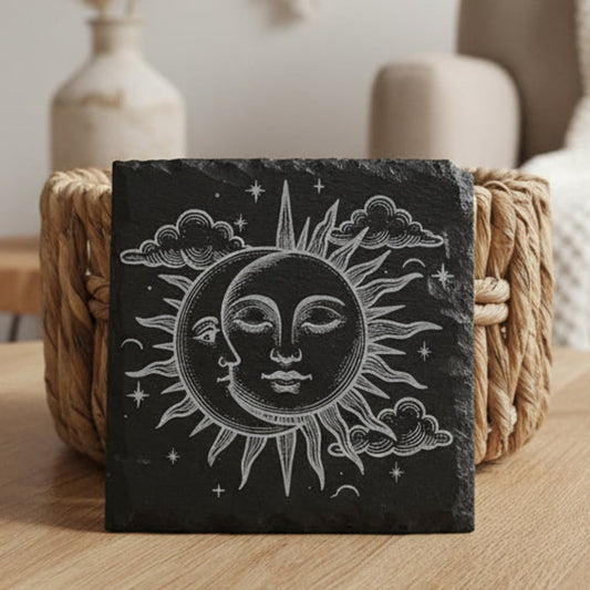 Black 4" square slate coaster with boho moon and sun design.
