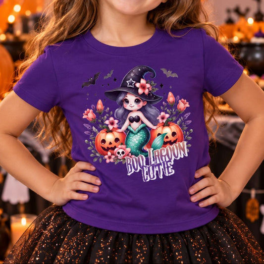 Girl wearing a Purple kids t-shirt with “Boo Lagoon Cutie” text, a cute witchy mermaid, pumpkins, bats, flowers, and Halloween party background.