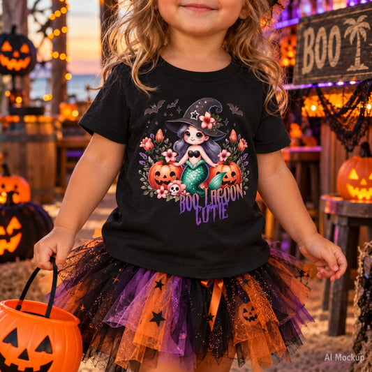 Toddler wearing a black Toddler t-shirt design with a witchy mermaid sitting among pumpkins and flowers, with bats flying overhead and the words “Boo Lagoon Cutie.