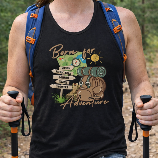 Person wearing a black tank top with outdoor adventure graphics and text Born for Adventure.