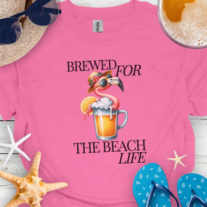 Azalea t-shirt with cocktail and flamingo that says Brewed for the Beach Life.