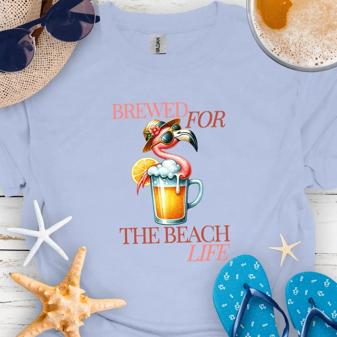 Baby Blue t-shirt with cocktail and flamingo that says Brewed for the Beach Life.