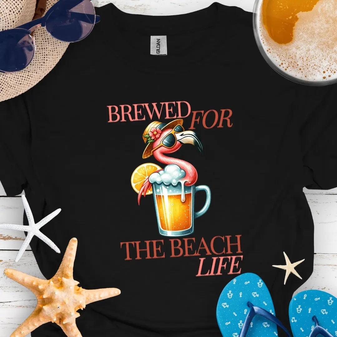 Black t-shirt with cocktail and flamingo that says Brewed for the Beach Life.