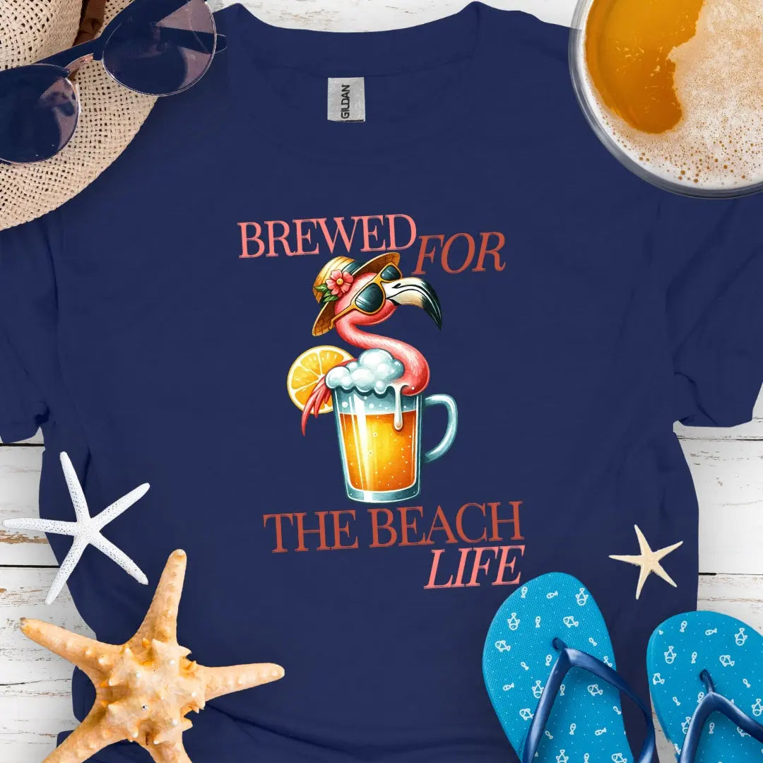 Navy t-shirt with cocktail and flamingo that says Brewed for the Beach Life.