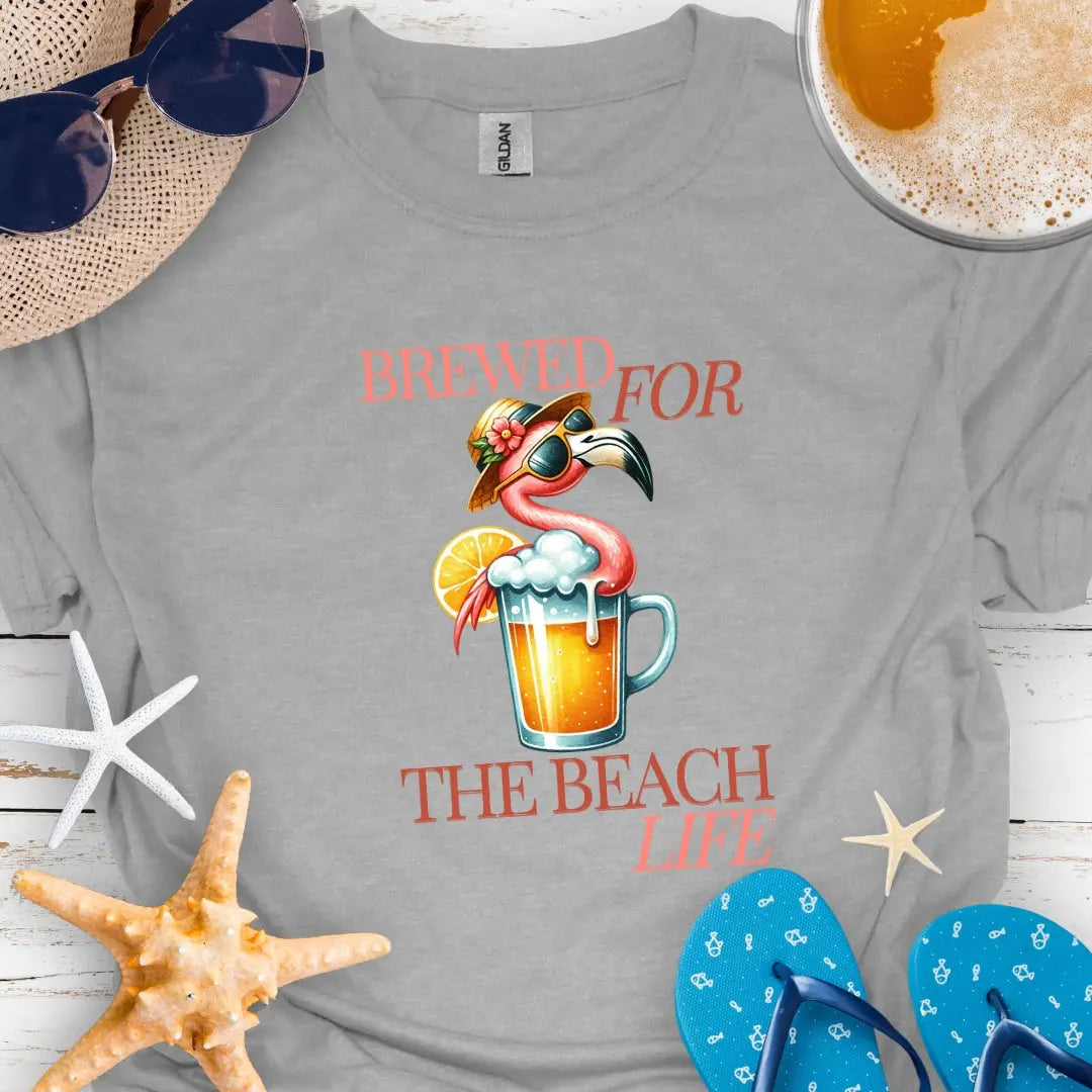 Gray t-shirt with cocktail and flamingo that says Brewed for the Beach Life.