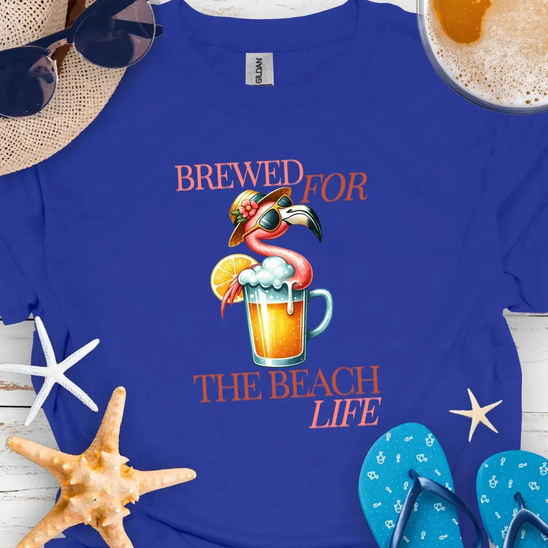 Royal Blue t-shirt with cocktail and flamingo that says Brewed for the Beach Life.