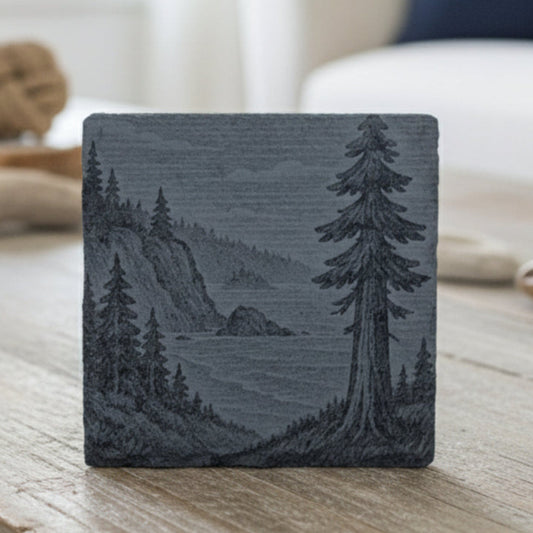 Coaster with nature design on a wooden surface