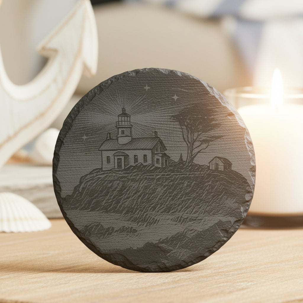 Black round 4" coaster with an engraving of Battery Point lighthouse in Crescent City, CA.