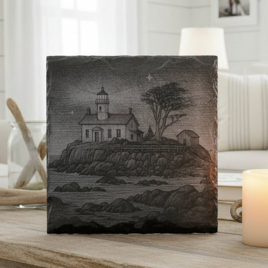 Black and white illustration of a lighthouse on a rocky shore with a tree, on a textured surface.