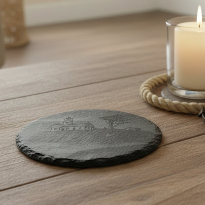 Circular 4" coaster with the engraving of Battery Point lighthouse in Crescent City, CA.