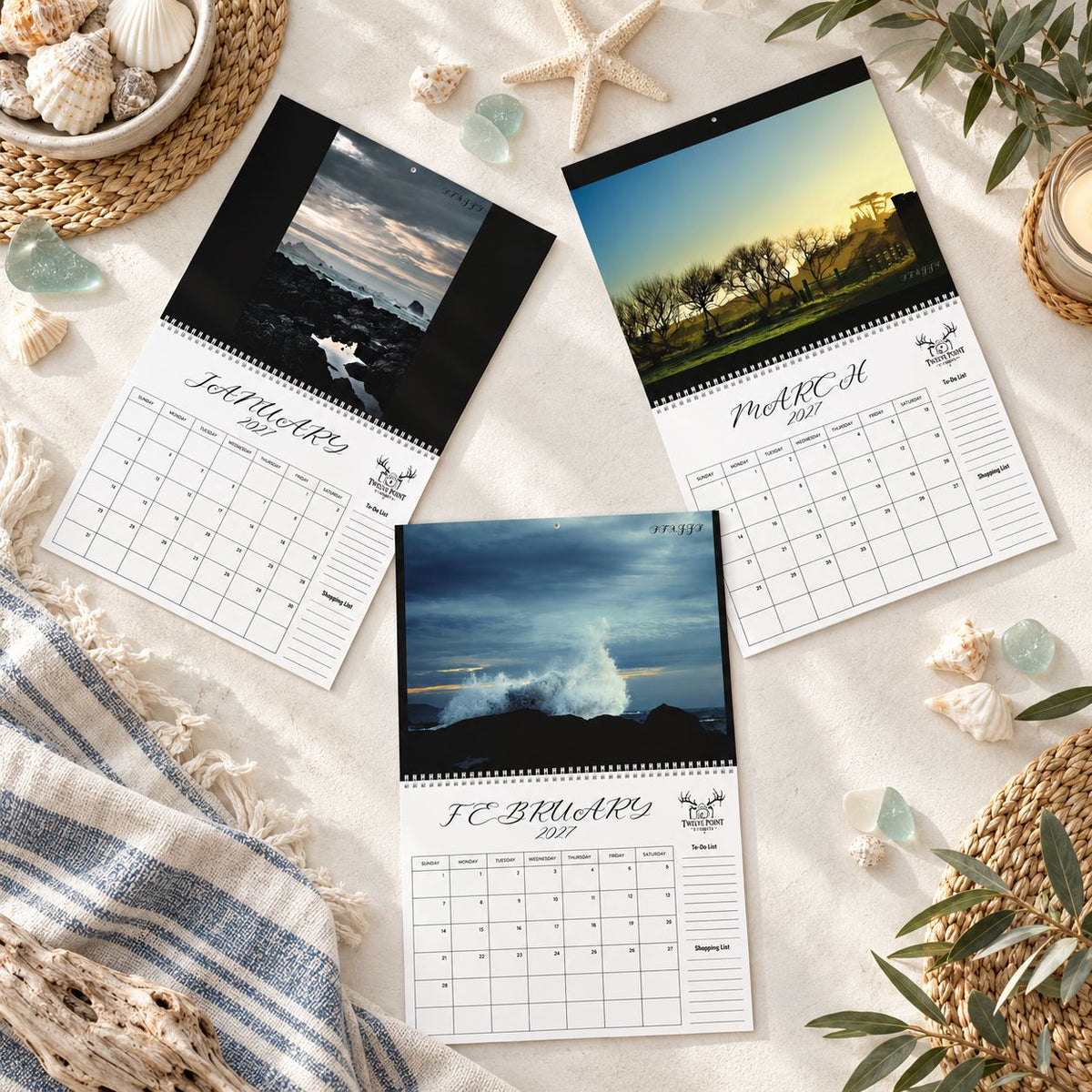 2027 Crescent City wall calendar monthly planning grid with to-do list and shopping list featuring Twelve Point Pics photography by Sean Staggs featuring beaches, ocean waves, wildlife, harbor scenes, sunsets and Battery Point Lighthouse Quarter 1.