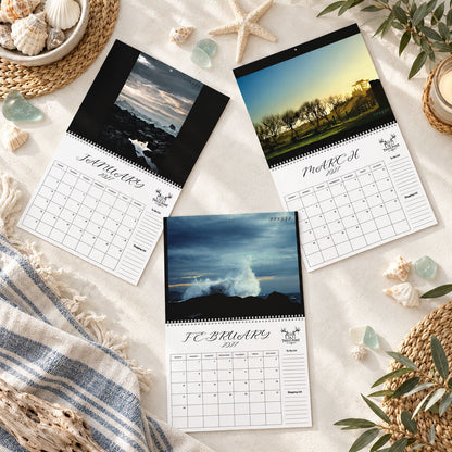 2027 Crescent City wall calendar monthly planning grid with to-do list and shopping list featuring Twelve Point Pics photography by Sean Staggs featuring beaches, ocean waves, wildlife, harbor scenes, sunsets and Battery Point Lighthouse Quarter 1.