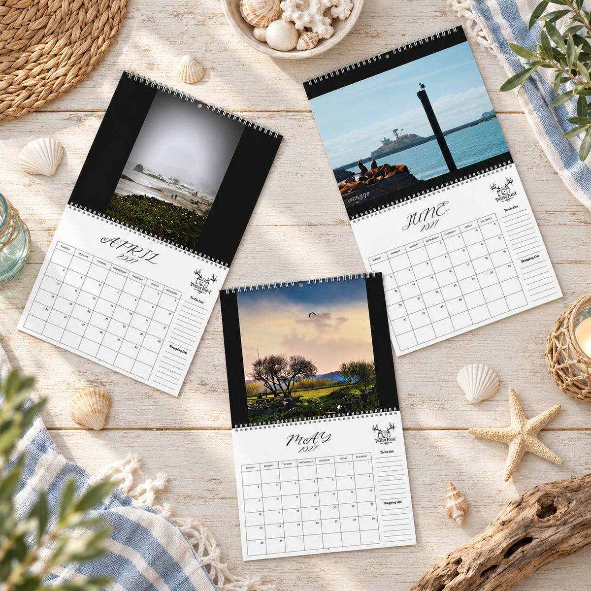 2027 Crescent City wall calendar monthly planning grid with to-do list and shopping list featuring Twelve Point Pics photography by Sean Staggs featuring beaches, ocean waves, wildlife, harbor scenes, sunsets and Battery Point Lighthouse Quarter 2.