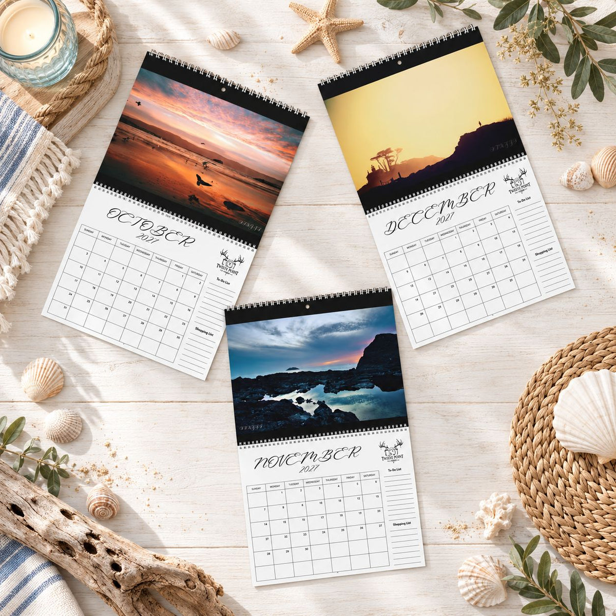 2027 Crescent City wall calendar monthly planning grid with to-do list and shopping list featuring Twelve Point Pics photography by Sean Staggs featuring beaches, ocean waves, wildlife, harbor scenes, sunsets and Battery Point Lighthouse Quarter 4.