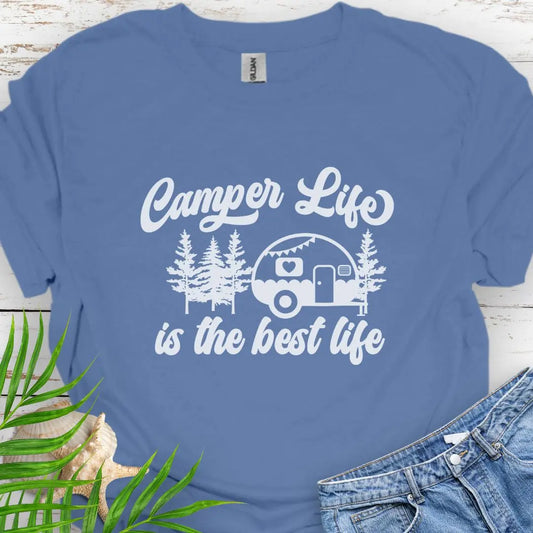 A cute vintage camper among the forest that says Camper Life is the good life in Indigo Blue.