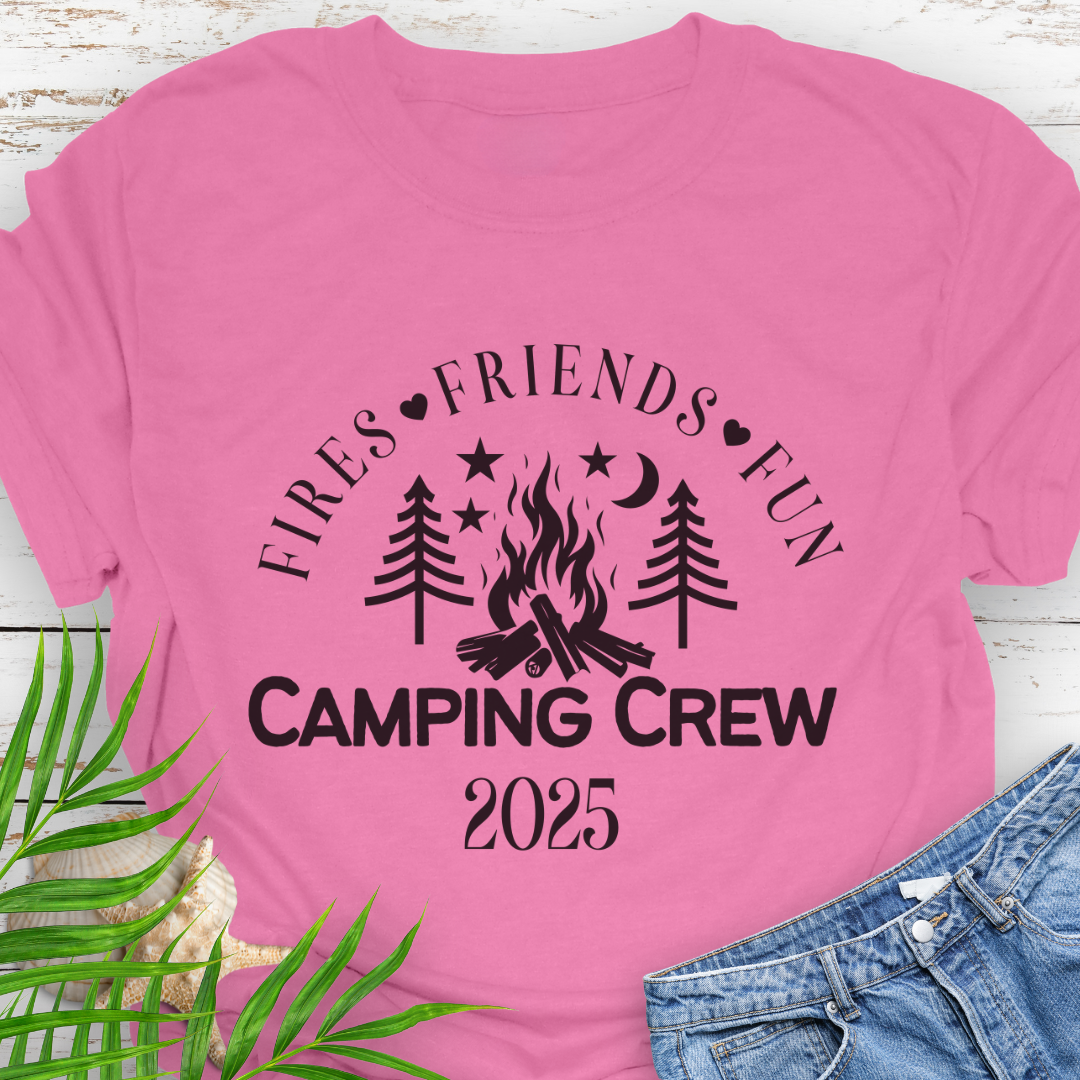 Azalea Pink Unisex Camping Crew t-shirt with outdoor adventure design – ideal for hikers and campers