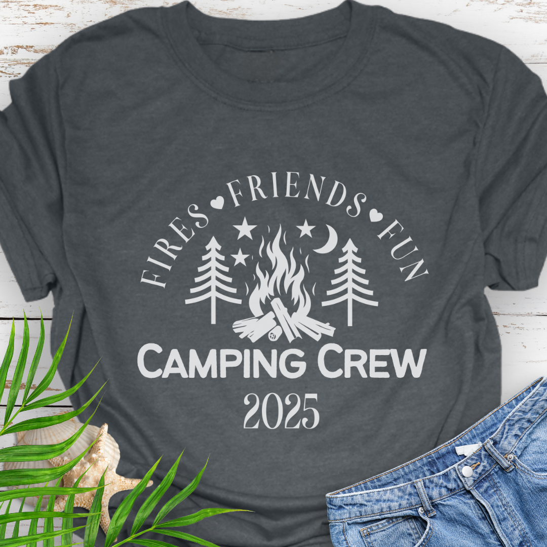 Dark Heather Gray Unisex Camping Crew t-shirt with outdoor adventure design – ideal for hikers and campers