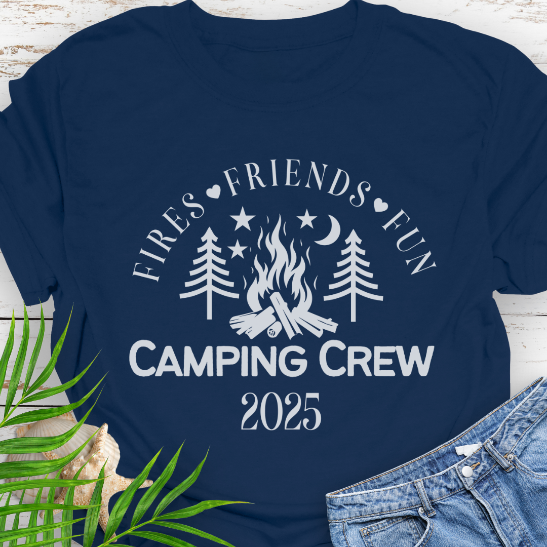 Navy Blue Unisex Camping Crew t-shirt with outdoor adventure design – ideal for hikers and campers