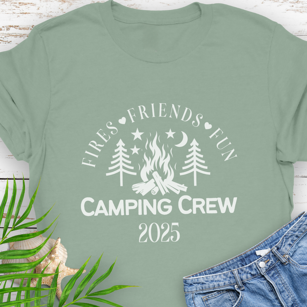 Sage Green Unisex Camping Crew t-shirt with outdoor adventure design – ideal for hikers and campers
