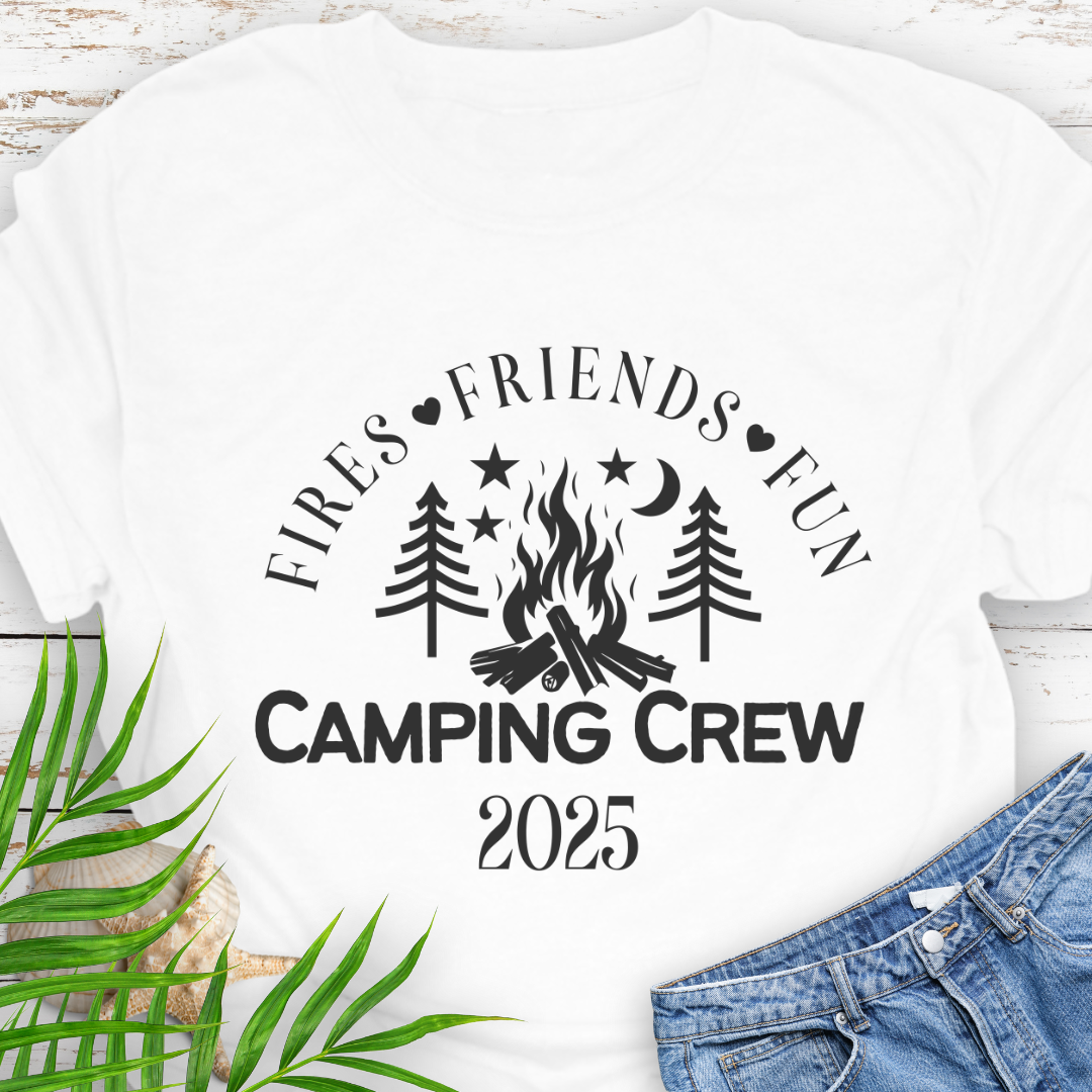 White Unisex Camping Crew t-shirt with outdoor adventure design – ideal for hikers and campers