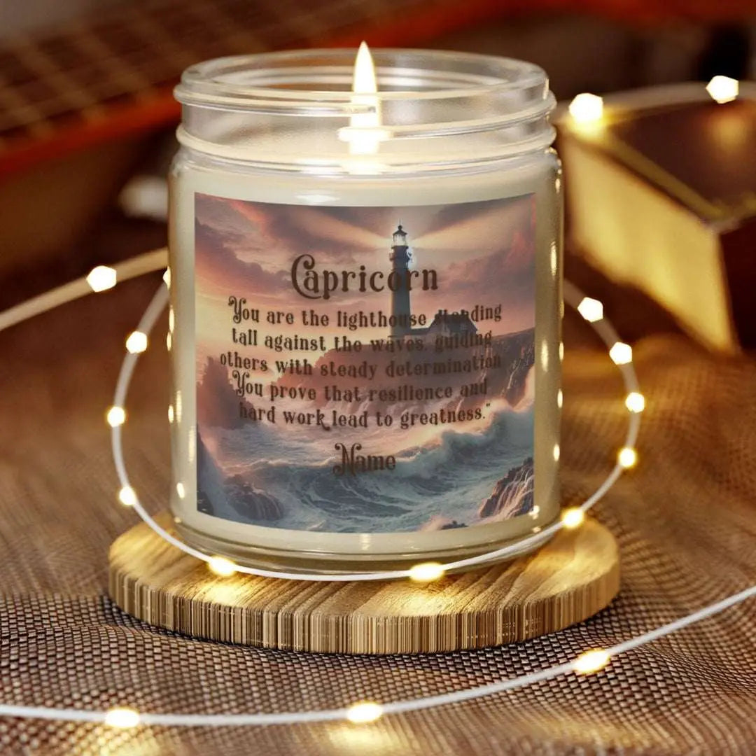 Elegant Capricorn Zodiac hand-poured coconut apricot wax scented candle in a 9 oz clear glass jar, featuring a picture of crashing waves onto a lighthouse with an inspirational quote personalized. A beach-inspired astrology gift, perfect for relaxation and decor.