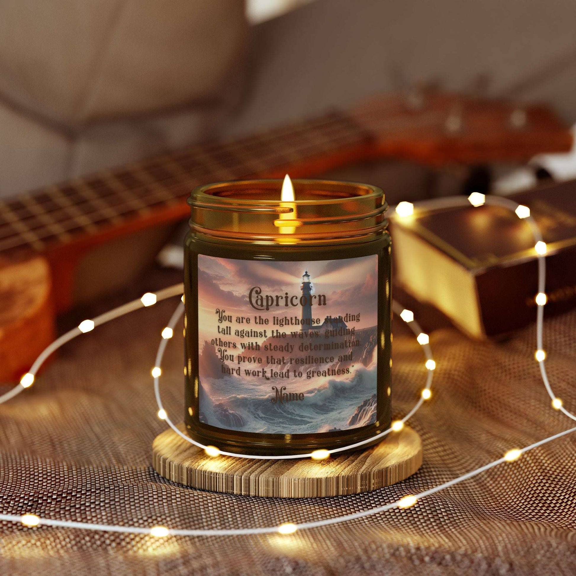 Candle in a jar with a decorative Capricorn label.