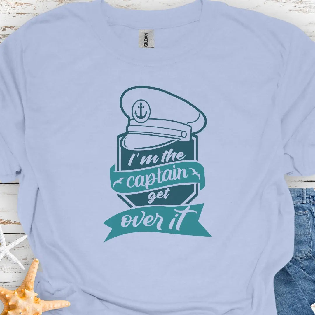 Baby Blue T-shirt with Captains Hat with text I'm the Captain Get over it.