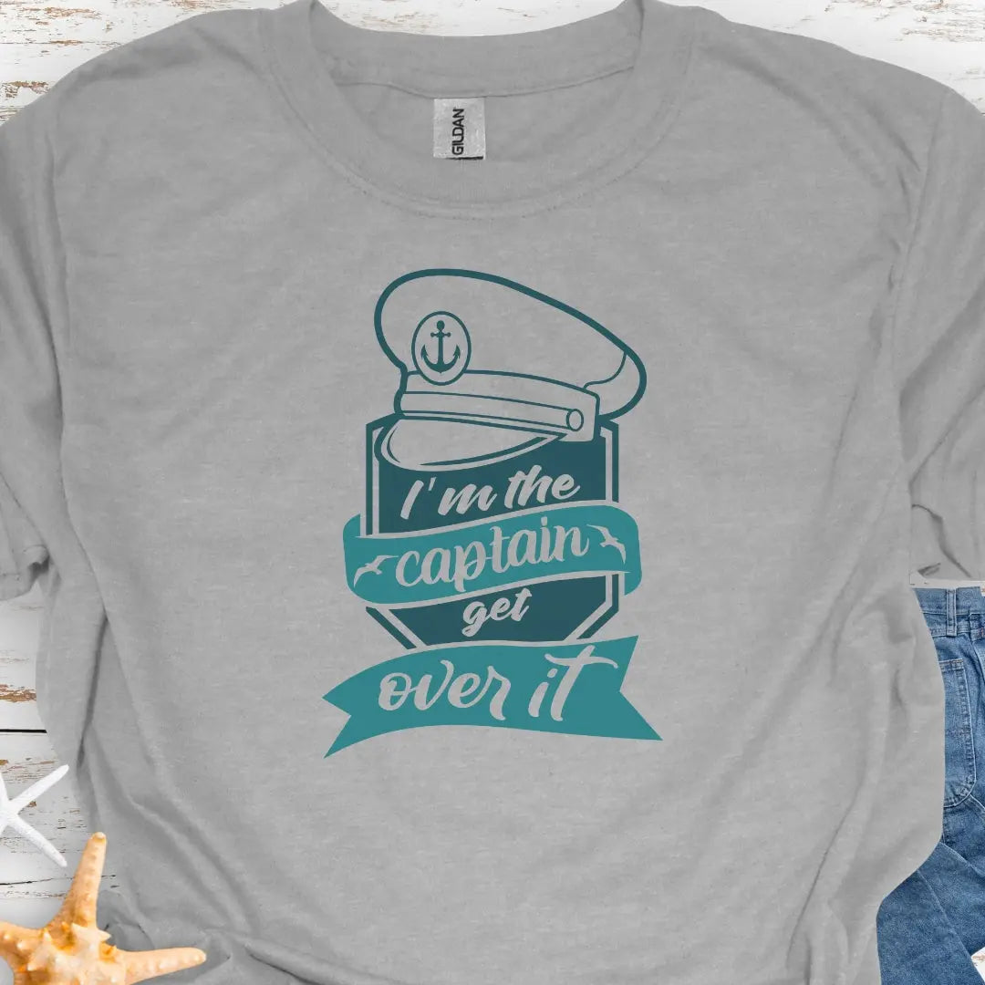 Gray T-shirt with Captains Hat with text I'm the Captain Get over it.