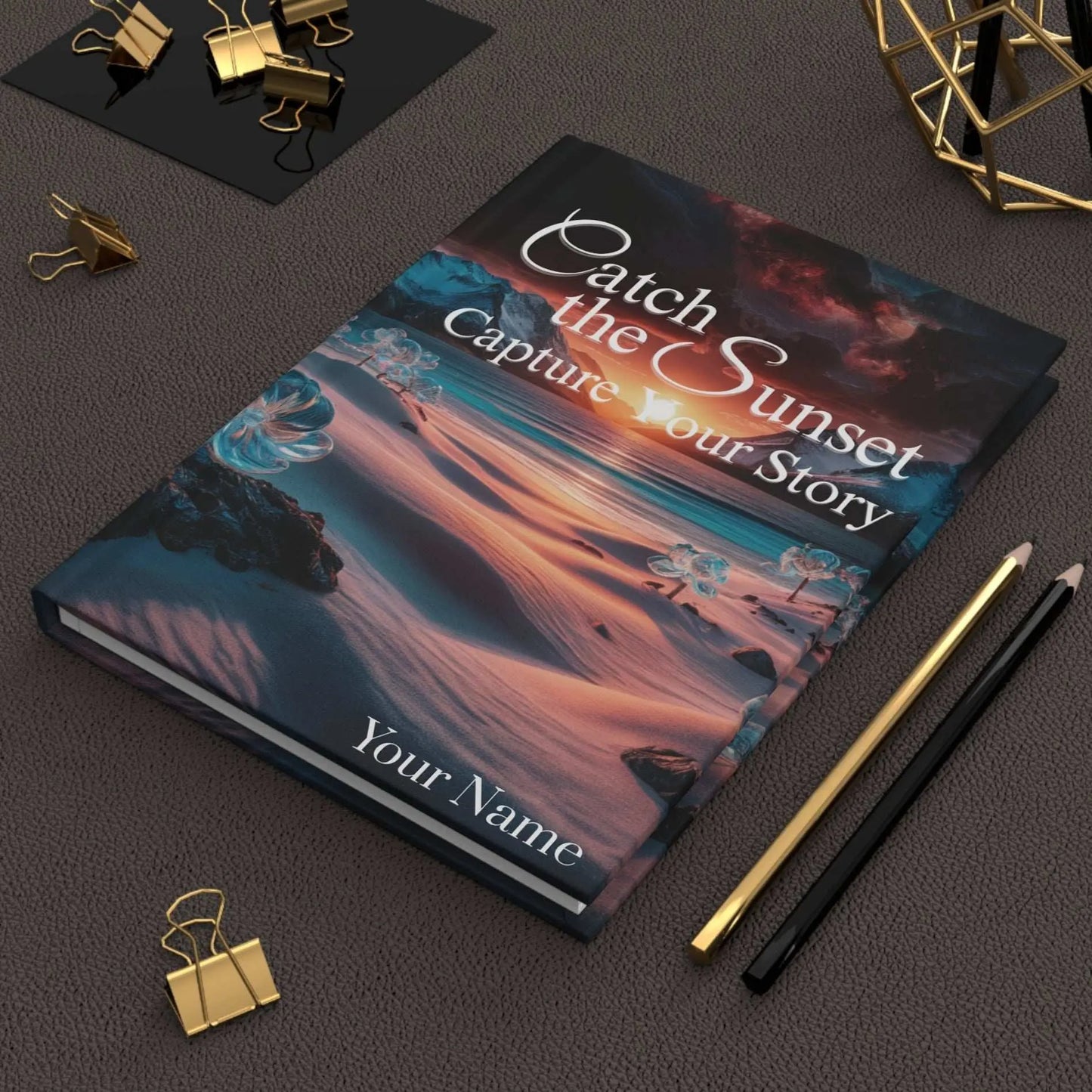 Hardcover journal with sunset beach scene with the phrase Catch the Sunset Capture Your Story.