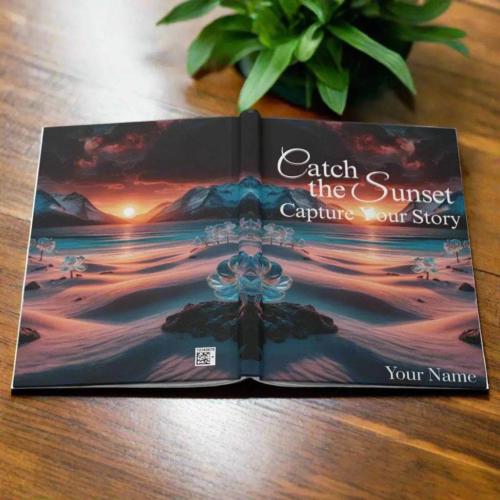 Hardcover Journal with a sunset beach scene with the phrase Catch the Sunset Capture Your Story.