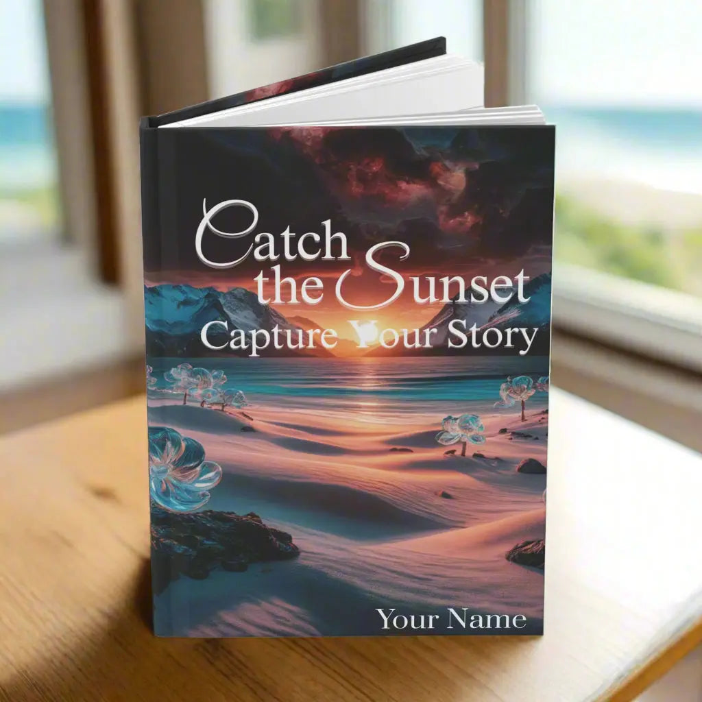Hardcover Journal with a sunset beach scene with the phrase Catch the Sunset Capture Your Story.