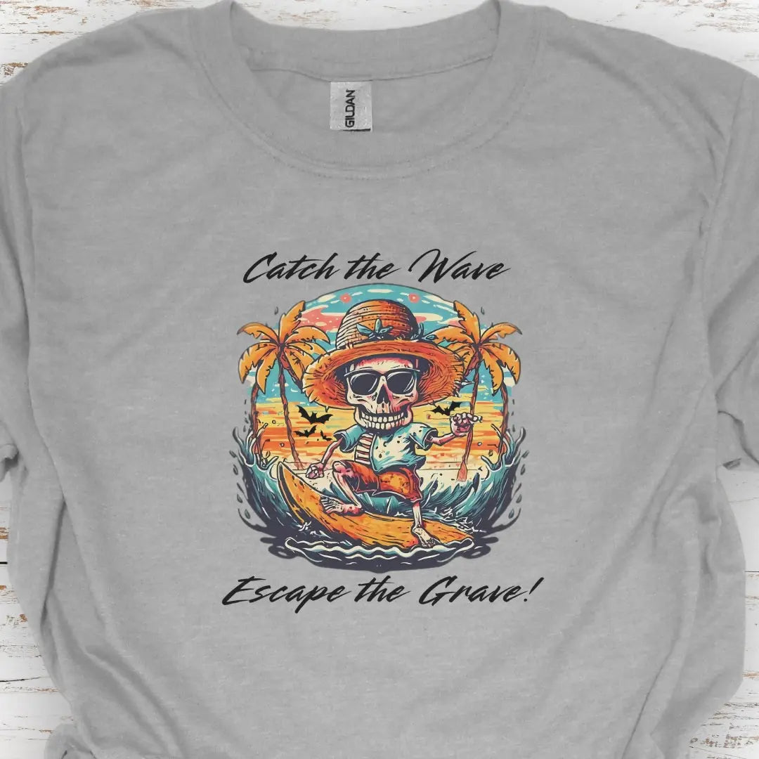Sport Gray T-shirt with Skeleton surfing that says Catch the Wave