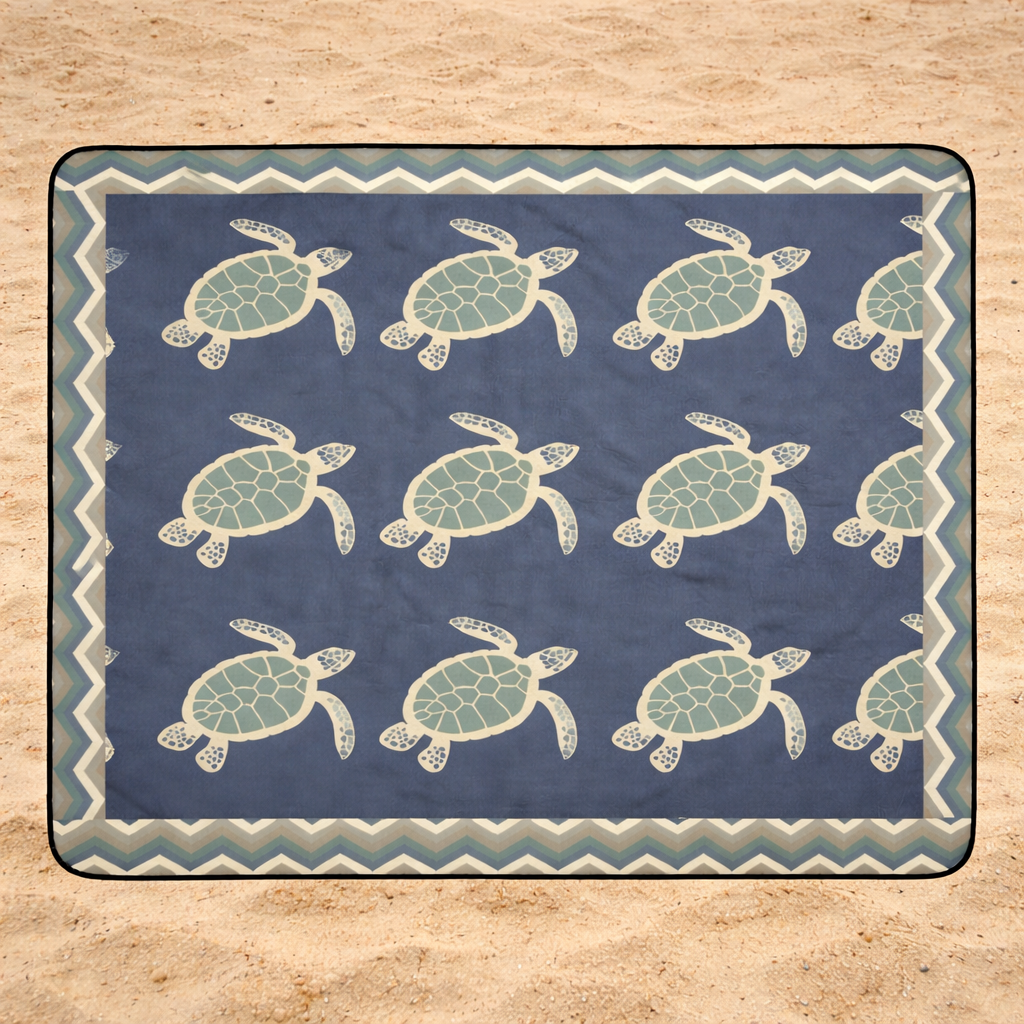 Outdoor beach blanket with sea turtle pattern with chevron frame.