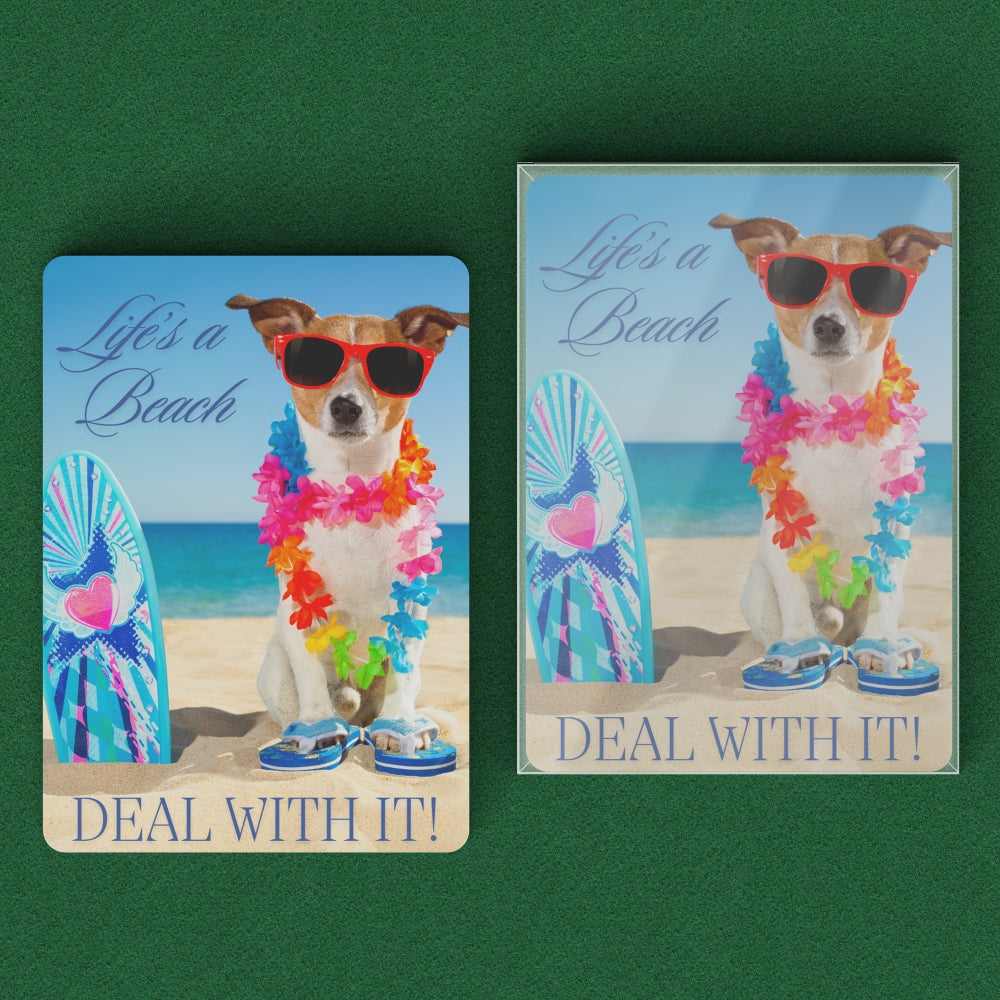 Deck and clear case playing cards feature an adorable chihuahua decked out in sunglasses, a lei, and flip flops on the beach.