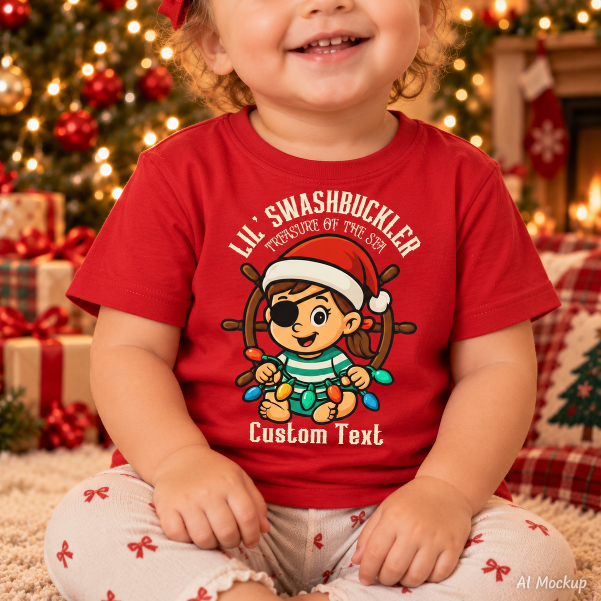 Baby Girl wearing a Red Christmas Swashbuckler Girl Infant T-Shirt that can be personalized.
