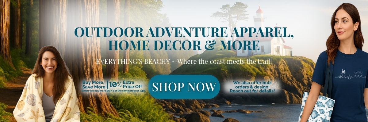 Promotional banner for outdoor adventure apparel, home decor, and more with scenic background and two women.