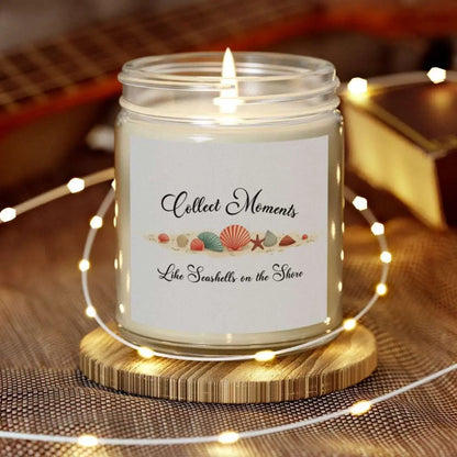 Elegant hand-poured coconut apricot wax scented candle in a glass jar, featuring the quote "Collect Moments Like Seashells on the Shore" with a seashell design. A cozy beach-inspired gift, perfect for relaxation and decor.