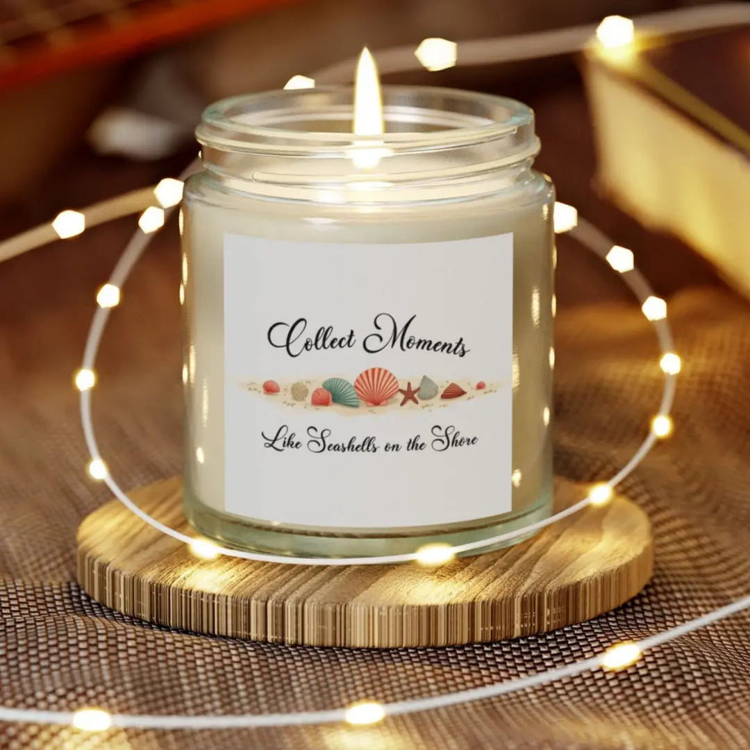 Elegant hand-poured coconut apricot wax scented candle in a 4 oz glass jar, featuring the quote "Collect Moments Like Seashells on the Shore" with a seashell design. A cozy beach-inspired gift, perfect for relaxation and decor.