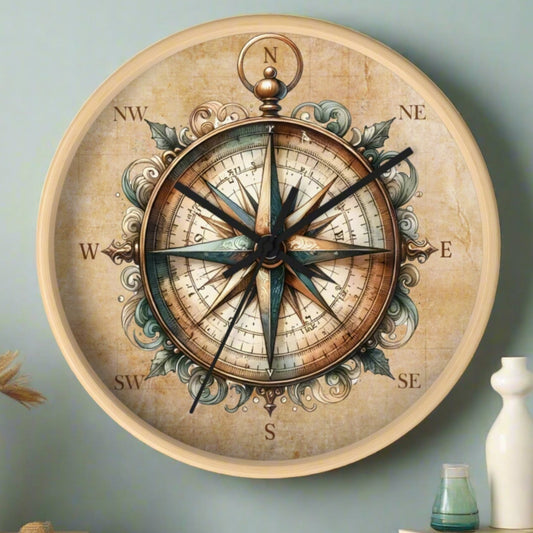 Round 10" wall clock with wood frame with picture of compass.