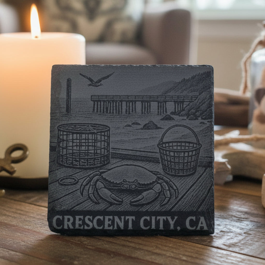 Coaster with illustration of a crab and baskets on a dock by pier with 'Crescent City, CA' text.