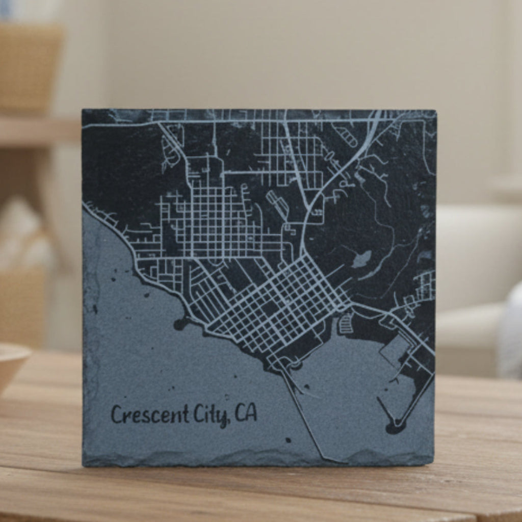 Slate coaster with engraved map of Crescent City, CA.