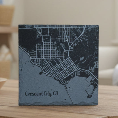Slate coaster with engraved map of Crescent City, CA.