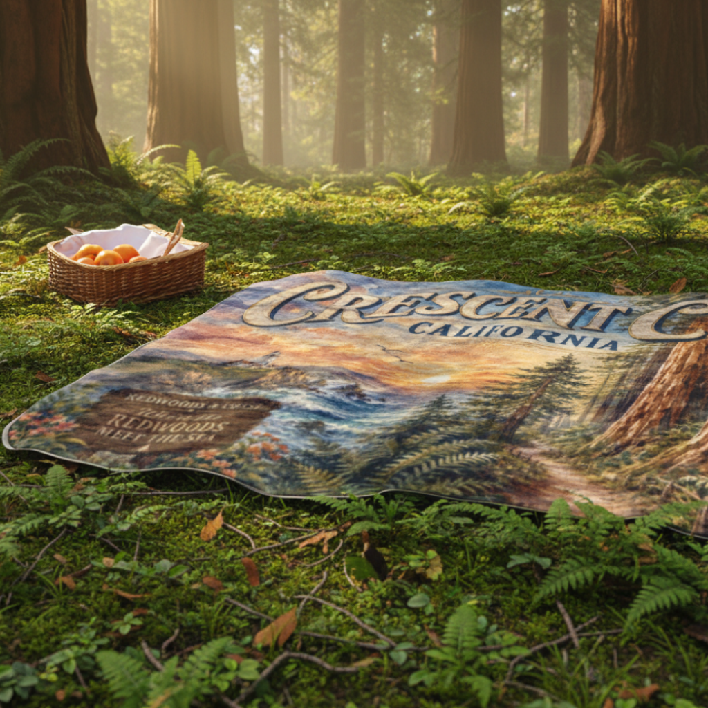 Crescent City California outdoor blanket featuring redwood trees, ocean cliffs, and a lighthouse with a plush fleece top and water-resistant backing laying in Redwoods.
