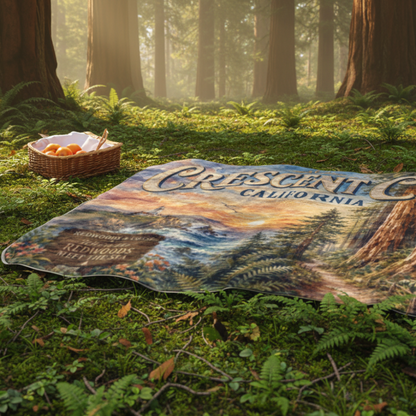 Crescent City California outdoor blanket featuring redwood trees, ocean cliffs, and a lighthouse with a plush fleece top and water-resistant backing laying in Redwoods.