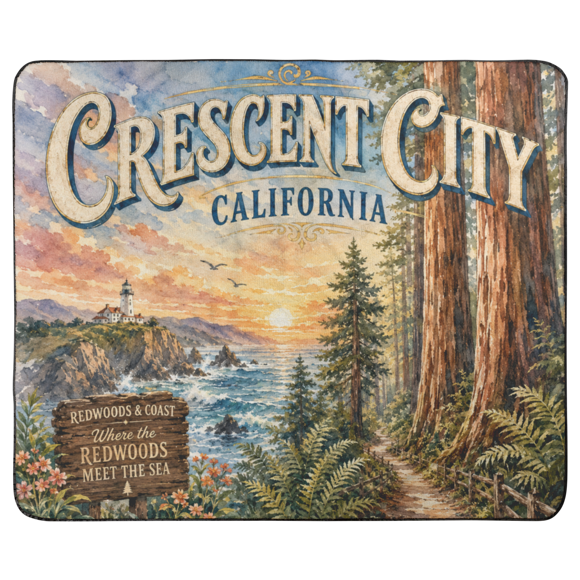 Crescent City California outdoor blanket featuring redwood trees, ocean cliffs, and a lighthouse with a plush fleece top and water-resistant backing.