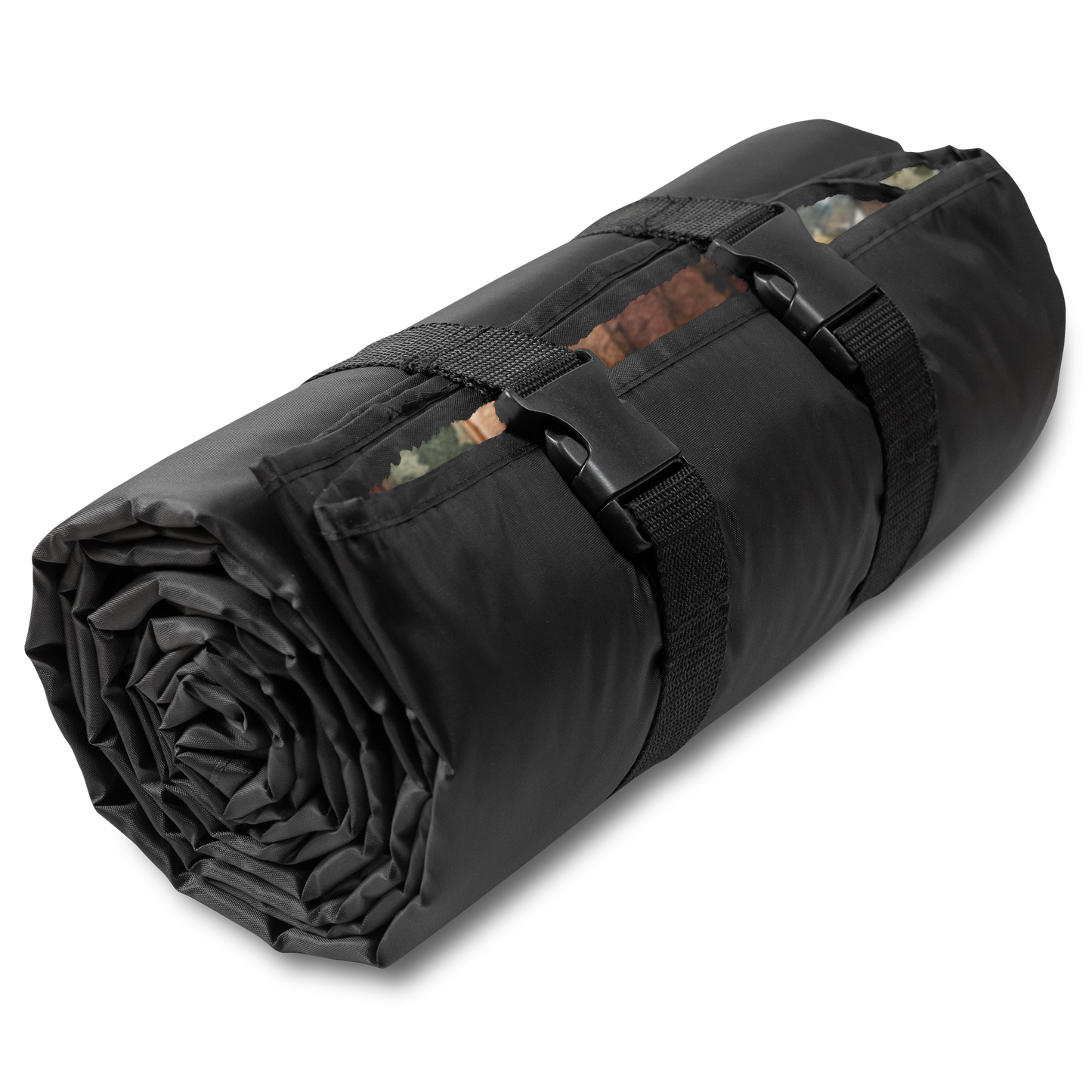 Angle of rolled up Crescent City California outdoor blanket featuring redwood trees, ocean cliffs, and a lighthouse with a plush fleece top and water-resistant backing.