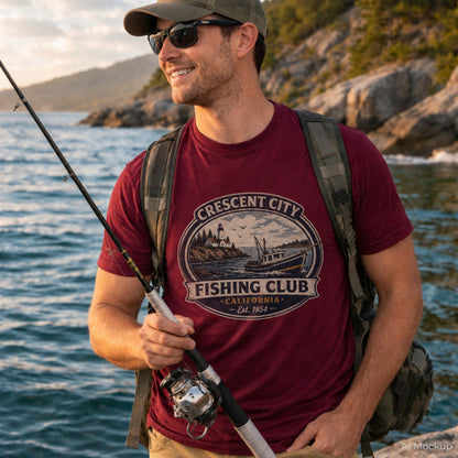 A man wearing a maroon graphic t-shirt with a 'Crescent City Fishing Club' print, standing on a rocky shoreline with the ocean in the background while holding a fishing rod.